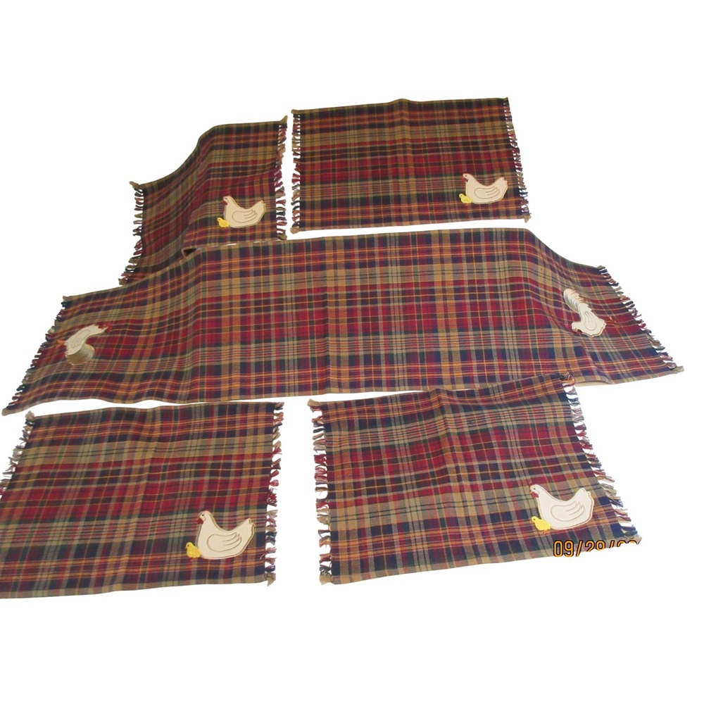 Park Designs Plaid Table Linens Set 4 Placemats 1 Runner 54" Hen Chick Farmhouse